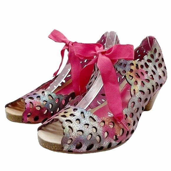 Chanii B Luca Rainbow Leather Heel Laser Cut Open Toe Shoe Women’s Size 41 US 11 - Picture 6 of 15